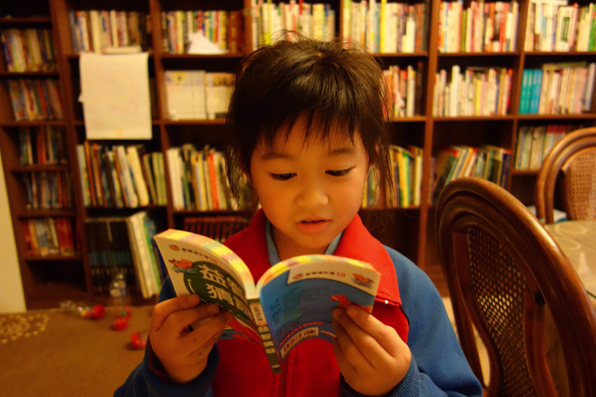 Young child absorbed in reading a picture book